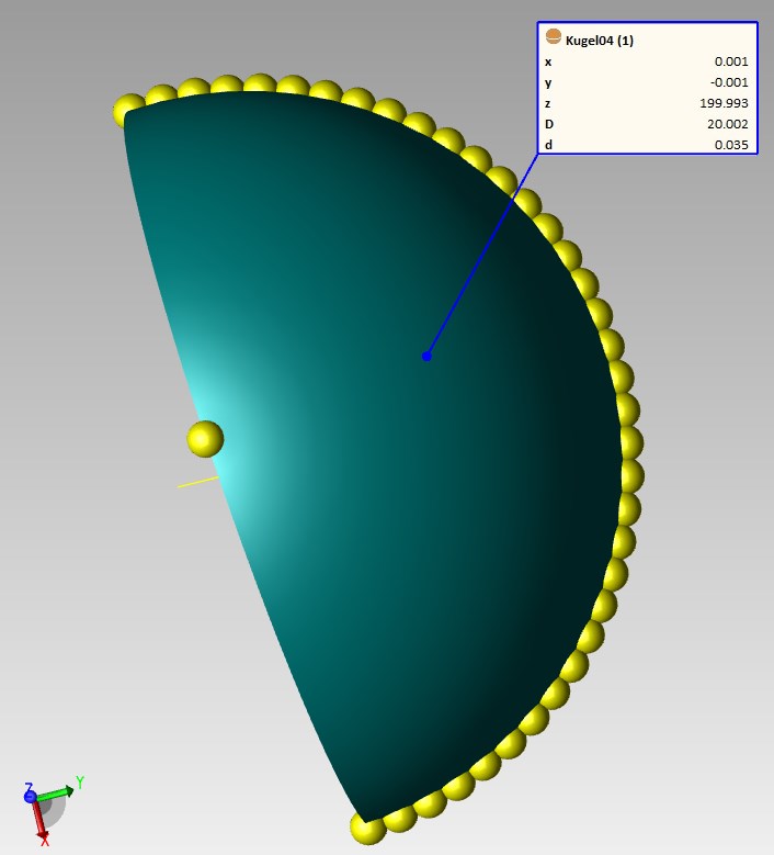 Kugelmessung über 180°: Abweichung der Position, Ist-Durchmesser weicht um 0.007 mm vom Soll-Durchmesser ab aufgrund von Formabweichungen (Rundheit=0.035 mm)