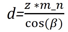 Mathematische Formel für den Teilkreisdurchmesser: d = z*m_n/cos(beta)
